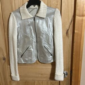 Phosphorus Women’s Leather Short Jacket Knit Sleeves Collar Full Zip Pockets L